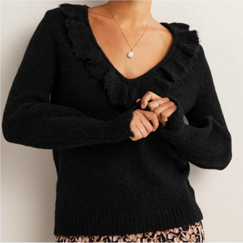 NWT Boden Women’s Fluffy Frill Ruffle V-Neck Sweater, Black, Size 10